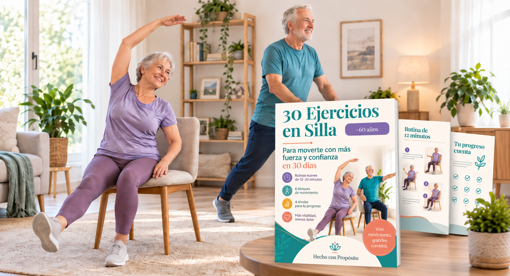 Personas mayores realizando ejercicios con silla junto al programa 30 Ejercicios en Silla +60