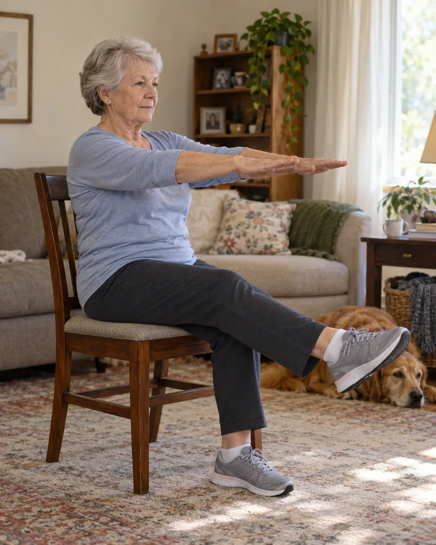 Mujer realizando un ejercicio suave sentada en casa